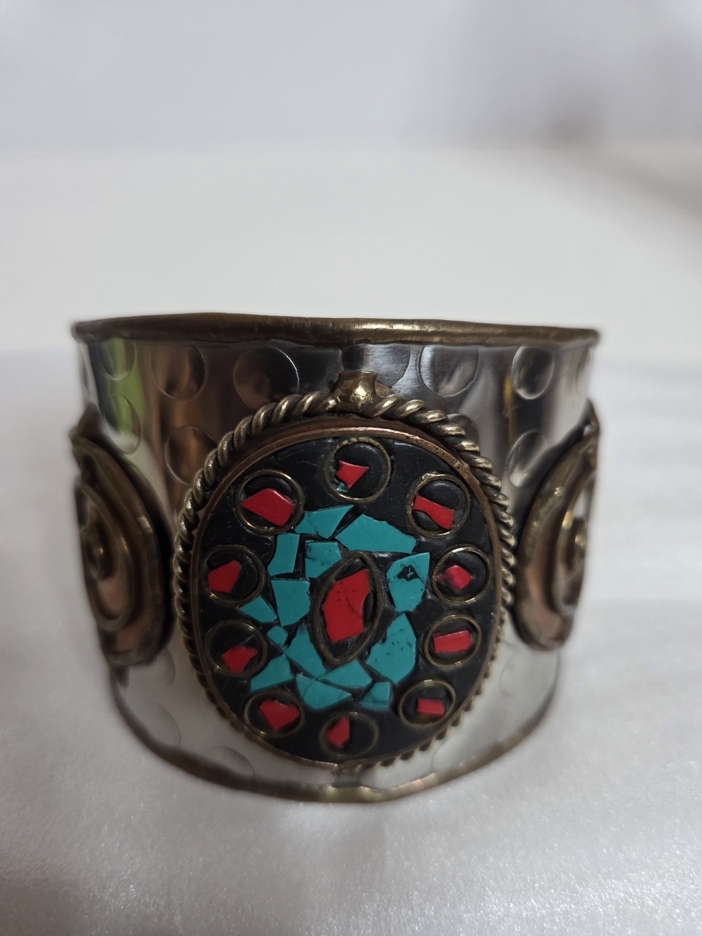 Turquoise & Red Mosaic Silver-Tone Wide Cuff Bracelet